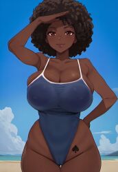 1girls african_female afro ai_generated beach big_breasts big_hips black_female brown_eyes brown_hair cleavage curly_hair dark-skinned_female dark_skin hand_up hips huge_breasts looking_at_viewer one-piece_swimsuit original original_character outdoors outside qos qos_tattoo queen_of_spades queen_of_spades_symbol queen_of_spades_tattoo solo solo_female swimsuit tattoo thick thick_lips