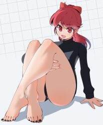 1girl :d absurdres ass bare_legs barefoot black_leotard black_nails bow commentary crossed_ankles english_commentary eyelashes feet full_body gjh grid_background hair_bow highres knees_up legs leotard long_sleeves nail_polish open_mouth persona persona_5 persona_5_the_royal ponytail red_bow red_eyes red_hair shadow sitting smile solo sumire_yoshizawa thick_thighs thighs toenail_polish toenails toes yoshizawa_kasumi