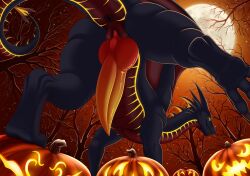 2024 aldryk animal_genitalia anus black_body dead_tree digital_media_(artwork) dragon erection feral food fruit furrypur genital_slit genitals halloween hi_res holidays jack-o'-lantern knot knotted_penis long_neck looking_at_viewer low-angle_view male moon mythological_creature mythological_scalie mythology neck_spikes night outside penis plant pumpkin pupils quadruped red_body red_scales scales scalie sky slit_pupils solo spiked_tail spikes spikes_(anatomy) star starry_sky tail tapering_penis toothy_grin tree ventral_scales winged_dragon wings worm's-eye_view yellow_eyes