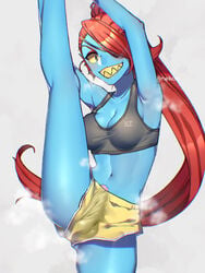 1futa alternate_version_available armpits arms_up belly belly_button blue_skin breasts bulge cleavage clothed clothing edit exposed_penis eyepatch feet_out_of_frame feet_up fish flexible flexing furry futa_only futanari humanoid leg_grab legs penis penis_under_clothes pugthe2ro red_hair sharp_teeth shorts slaaneshireptile smile smiling solo solo_focus solo_futa sports_bra standing steam stretching thighs undertale undyne