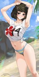 1girls armpits arms_above_head arms_up atlus beach bikini bikini_bottom blush brown_eyes brown_hair female female_only fully_clothed large_breasts midriff navel nipples_visible_through_clothing persona persona_5 sadayo_kawakami sendrawz shy solo standing swimsuit swimwear t-shirt teacher