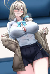 1girl 1girls absurdres akane_(blue_archive) akane_(school_uniform)_(blue_archive) black-framed_eyewear black_bra blue_archive blue_bow blue_bowtie blue_scrunchie bow bowtie bra bra_peek bra_visible_through_clothes breasts brown_cardigan brown_halo button_gap cardigan elina_(eri15) glasses hair_ornament hair_scrunchie halo highres lace lace-trimmed_bra lace_trim large_breasts loose_bowtie official_alternate_costume open_cardigan open_clothes school_uniform scrunchie shirt smile steam underwear white_shirt