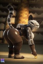 3d 3d_(artwork) ai_assisted anthro asian_clothing ass_crack athletic_female back_view bent_over big_ass brown_legwear brown_pants busty cat_tail catgirl cleavage_overflow corset curvaceous dreamworks dreamworks_animation felid feline furry_tail gloves high_quality highres huge_ass huge_breasts kung_fu_panda kung_fu_panda_legends_of_awesomeness leaning_forward leggings leopard leopard_print lewdstein lighting looking_at_viewer looking_back muscular_legs pantherine paws raised_tail rosettes sideboob skin_tight snow_leopard su_wu subtitled sunlight tail textless_version thick_legs thick_thighs thin_waist tight_clothing tights toned_female voluptuous yellow_eyes