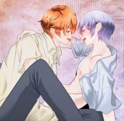 project_sekai aoyagi_touya shinonome_akito making_out kissing saliva saliva_on_tongue saliva_string tongue_out after_kiss colored shirt_open showing_chest nipples pink_nipples fingering_nipple touching_nipples arm_on_shoulder orange_hair blue_hair two-tone_hair pleasure_face