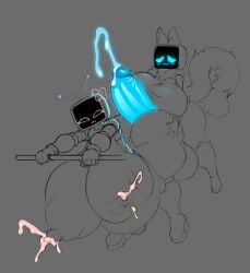 2026 5_fingers absurd_res anthro big_breasts big_butt big_penis blue_penis bodily_fluids breasts butt butt_grab closed_smile cofficremer colored_lactation cum duo female fingers for_a_head fur genital_fluids genitals glans glowing glowing_genitalia glowing_penis grey_background gynomorph hand_on_butt hi_res hot_dogging humanoid humanoid_genitalia humanoid_penis intersex intersex/female lactating mocha_(cofficremer) mouth_closed nipples object_head penis screen screen_face screen_head sex simple_background smile tail unusual_bodily_fluids unusual_lactation