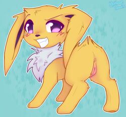 animal_genitalia animal_vulva blush butt eeveelution feral fluffy generation_1_pokemon genitals hi_res jolteon jolteontravis looking_at_viewer male nintendo pokemon pokemon_(species) presenting presenting_hindquarters presenting_vulva smile smile_at_viewer solo standing trans_(lore) trans_man_(lore) travis_(jolteontravis) vulva