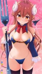 chuutaro_metal machikado_mazoku yoshida_yuuko commentary_request highres 1girl ahoge arm_at_side ass_visible_through_thighs bare_shoulders belt bikini black_tail black_thighhighs blue_bikini blue_sleeves bow bowtie breasts brown_belt brown_eyes brown_hair closed_mouth copyright_name cowboy_shot crisis_management_form_(machikado_mazoku) crossed_bangs curled_horns demon_girl demon_horns demon_tail detached_collar detached_sleeves fork frilled_sleeves frills frown hair_between_eyes holding holding_fork horns large_breasts long_hair looking_at_viewer navel oversized_object red_bow red_bowtie small_sweatdrop solo standing swimsuit tail tail_raised thighhighs underbust very_long_hair