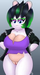 2025 absurd_res anthro arms_bent big_breasts black_clothing black_hair black_jacket black_topwear blue_eyes bottomless bottomless_anthro bottomless_female breasts cleavage clitoris closed_frown clothed clothed_anthro clothed_female clothing collarbone colored crossover curvy_figure digital_drawing_(artwork) digital_media_(artwork) edge_(mario_plus_rabbids) english_description eyebrows female female_anthro frown frowning_at_viewer fur genitals green_eyebrows green_hair grey_background hair hands_behind_back hi_res humanoid_genitalia humanoid_vulva jacket lagomorph lidded_eyes light lighting long_ears mammal mario_bros mario_plus_rabbids_sparks_of_hope mismatched_genitalia mismatched_vulva mouth_closed multicolored_body multicolored_hair nintendo noseless open_clothing open_jacket open_topwear pink_clitoral_hood pink_clitoris portrait purple_clothing purple_eyelids purple_shirt purple_topwear rabbid raving_rabbids rayman_(series) reypan serious_face shaded shirt short_hair signature simple_background soft_shading solo spiky_hair standing tan_breasts tan_inner_ear tan_vulva thick_eyebrows thick_thighs three-quarter_portrait topwear torn_clothing torn_shirt torn_topwear two_tone_body two_tone_hair ubisoft vulva white_body white_fur