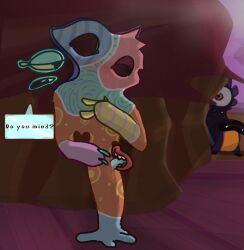 ambiguous_gender anthro autofellatio big_blue_bubble detailed_background duo floating_eye floating_mouth genitals hiding illoost my_singing_monsters nakeilyar paironormal_carnival paironormals shhimmer text vulva