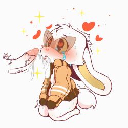 absurd_res anthro blush bodily_fluids bombun bombun_(kekitopu) bottomless brown_clothing brown_gloves brown_handwear clothed clothing cum cum_in_mouth cum_inside duo female fur genital_fluids genitals gloves handwear heart_eyes heart_symbol hi_res jacket jfurby kneeling kneeling_oral_position lagomorph leporid long_ears male male/female mammal open_mouth oral orange_clothing orange_jacket orange_topwear penis post_blowjob rabbit short_tail sparkles sweat tail tears topwear white_body white_fur yellow_eyes yellow_inner_ear yellow_sclera