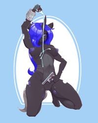 absurd_res anthro big_breasts bodily_fluids breasts changeling_(mlp) changeling_queen chapaevv digital_media_(artwork) fallout female friendship_is_magic genitals gun hair hasbro heroine_(oc) hi_res holding_object holding_ranged_weapon holding_weapon horn looking_at_viewer microsoft my_little_pony nipples nude nuka-cola pip-boy ranged_weapon simple_background smile solo tail weapon