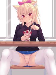 1girls blonde_hair blush bow cat_ears catgirl clothing female food jean_skirt legs_spread ponytail public pussy red_eyes showing_pussy skirt sundae thighhighs tiffy tiffynyaa tongue_out