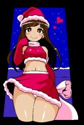 1girls 2d armwear brown_eyes brown_hair christmas crop_top hearts hearts_around_head high_collar holding_sack jermaneels long_gloves long_hair looking_at_viewer midriff navel panties pantyshot pixel_art sack santa-san_(jermaneels) santa_costume santa_hat skirt skirt_lift thick_thighs thighs underwear white_panties white_underwear