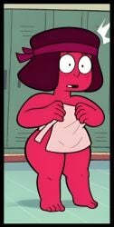 ai_generated alien_humanoid gem_(species) ruby_(steven_universe) red_skin shortstack surprised towel_only towel steven_universe self_upload scalieton blush cartoon_network female female_only locker_room open_mouth big_ass thick_thighs