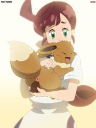 3:4 absurd_res animal_genitalia animal_vulva anus biped blush brown_hair canine_genitalia canine_vulva chloe_(pokemon) clothed clothed_female clothed_human clothing duo eevee eyes_closed female female/female female_feral female_human feral generation_1_pokemon genitals green_eyes hair hi_res human humanoid_hands interspecies mammal nintendo nude nude_female open_mouth pokemon pokemon_(species) pokephilia sarox vulva