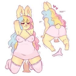 1:1 2024 4_toes all_fours anthro arm_tuft arms_bent bangs bent_legs big_butt bite biting_lip biting_own_lip blonde_eyebrows blonde_hair blue_eyes blue_hair blush blush_lines bodily_fluids brown_inner_ear bunny_(suzeart) butt clothed clothed_anthro clothed_female clothing colored dialogue digital_drawing_(artwork) digital_media_(artwork) dildo dildo_in_vagina dildo_insertion dress elbow_tuft english_description eyebrow_through_hair eyebrows eyelashes eyes_closed feet female female_anthro fluffy_ears fur genital_fluids hair hands_behind_head heart_symbol inner_ear_fluff kneeling lagomorph legwear leporid light lighting long_ears looking_pleasured mammal medium_hair moan motion_lines multicolored_hair multiple_scenes nipple_outline panties penetration pink_clothing pink_dress pink_hair pink_legwear pink_panties pink_stockings pink_thigh_highs pink_tongue pink_underwear rabbit scut_tail self_bite sex_toy sex_toy_in_vagina sex_toy_insertion shaded shaking short_tail simple_background smile solo stockings suzeart tail teeth thigh_highs toes tongue translucent translucent_hair trembling tuft underwear vaginal vaginal_fluids vaginal_fluids_on_dildo vaginal_penetration wavy_hair white_background white_inner_ear_fluff yellow_body yellow_fur yellow_tail
