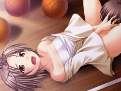 1boy 1girl 2000s_(style) ball bare_shoulders basketball_(object) blush bottomless breasts brown_eyes brown_hair censored chest_sarashi collarbone cunnilingus dougi embarrassed from_above fumizuki_yukari futaba_aoi_(hara_hara!!) game_asset hands_on_another's_head hara_hara!! lying medium_breasts mosaic_censoring non-web_source on_back open_mouth oral pussy raised_inner_eyebrows sarashi school_gym self-datamine short_hair variant_set wide_sleeves wooden_floor