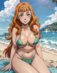 ai_art ai_generated anime_style beach big_breasts bikini black_clover female green_eyes karmino light-skinned_female light_skin mimosa_vermillion orange_hair outside