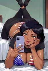 phone selfie 1girls 1female solo solo_female solo_only solo_focus female female_only female_focus bikini american_flag_bikini tagme ai_generated alex_(totally_spies) totally_spies bedroom indoors black_hair short_hair pants socks shirt pants_down pants_pulled_down shirt_lift shirt_up brown_eyes hires high_resolution very_high_resolution clothes showing showing_off