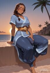 1futa ai_generated arm_support artist_name avatar_the_last_airbender barefoot beach blue_choker blue_eyes blush braid breasts brown_hair bulge choker closed_mouth covered_penis dark-skinned_futa dark-skinned_futanari dark_skin erection erection_under_clothes futa_only futanari futarush hair_ornament katara long_hair looking_at_viewer ocean outdoors palm_tree pants patreon patreon_username penis sand short_sleeves sitting solo sultryspark sunset the_legend_of_aang thick_thighs tree