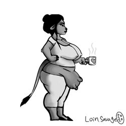 1:1 animal_humanoid anthro bovid bovid_humanoid bovine bovine_humanoid cattle clothed clothing coffee_mug cup female hair hair_bun hi_res hoof_hands hooves humanoid loinsavage mammal mammal_humanoid midriff monochrome overweight snout solo tail_tuft teats thick_thighs tuft udders wide_hips