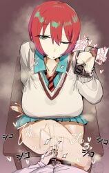 1boy 1girls amate_yuzuriha aqua_shirt aqua_skirt artist_logo artist_name bar_censor beige_sweater black_pubic_hair blue_skirt bored breasts cellphone censored crossed_legs cuckold cuckold_pov cum dark-skinned_male dark_skin desk ejaculation eyebrows_visible_through_hair gundam gundam_gquuuuuux hair_between_eyes large_breasts leebongchun logo male_masturbation male_pubic_hair masturbation medium_hair multicolored_eyes necktie one_eye_closed orgasm partially_undressed phone pov pubic_hair rabbit_pin red_hair red_nails school_desk school_uniform semen shirt sigh sitting sitting_on_object skirt small_penis smartphone straddling thick_thighs thighs
