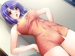 1girls aniyome_wa_ijippari annoyed bare_shoulders bath_towel blush breasts cg_art chinese_clothes cleavage dutch_angle erect_nipples erect_nipples_under_clothes female game_cg hands_on_hips inner_thighs katsuragi_mai kuroda_akimi large_breasts lips lover-in-law milf nipples purple_eyes purple_hair standing taut_clothes tinkerbell_(company)