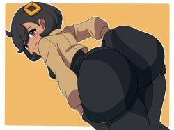 1girls ass big_ass big_breasts black_hair blush bodysuit breasts creatures_(company) dark-skinned_female emma_(pokemon) emma_(pokemon_legends:_z-a) game_freak heart huge_ass jacket large_breasts looking_at_viewer matiere_(pokemon) matiere_(pokemon_legends:_z-a) moltarhailk223 nintendo pokemon pokemon_legends:_z-a purple_eyes short_hair solo stripes tagme