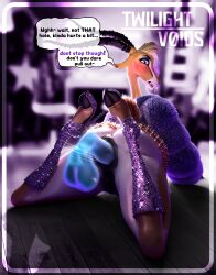 3d_(artwork) absurd_res anal anal_penetration anthro antlers anus backstage beckoning belt big_anus blender_(artwork) blender_cycles_(artwork) blonde_hair blush boots butt clothing cloven_hooves coat cross-popping_vein dark_anus dark_vulva dialogue digital_media_(artwork) disembodied_penis disney don't_stop duo eyeshadow eyeshadow_makeup female fluffy fluffy_clothing fluffy_tail footwear from_behind_position gazelle_(zootopia) genitals gesture glistening glistening_body glistening_butt gold_(metal) gold_jewelry hair hi_res high_heeled_boots high_heels highlights_(coloring) hooved_plantigrade hooved_toes hooves horn huge_anus jewelry makeup male male/female motion_lines on_ground open_toe_heels pain penetration penis plantigrade prone_bone_position puffy_anus sex shoes short_tail sparkles sparkling_clothing sparkling_shoes speech_bubble tail talking_to_viewer text toeless_footwear topwear translucent translucent_penis twilightv0ids zootopia