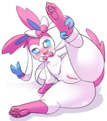 3_toes ass blue_eyes blush cute_fangs edit eeveelution female female_only female_pokemon feral fur furry furry_only genitals hi_res looking_at_viewer navel nintendo open_mouth pokemon pokemon_(species) presenting presenting_pussy pussy rabbitbrush raised_leg simple_background solo spread_legs spreading sylveon tail toes video_games