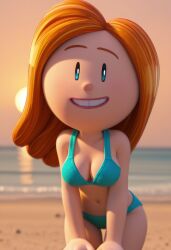 dog_man_(series) dog_man_(film) sarah_hatoff ai_generated 3d high_quality accurate_art_style beach bikini sexy_body looking_at_viewer