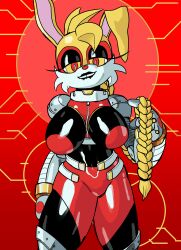 alternate_costume animal_ears bodysuit braid breasts bunnie_rabbot bunny_ears bunny_girl collar corruption drone enemy_conversion eyeshadow furry happy_trance large_breasts large_hips latex lipstick prosthetic_limb robot robotization sonic_the_hedgehog_(series) spiral_eyes symbol_in_eyes thecumman