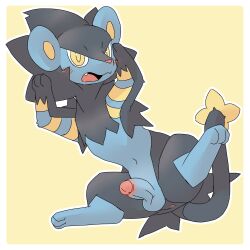 1:1 2019 3_fingers 3_toes anus arm_markings balls big_ears black_body black_fur black_tail blue_balls blue_body blue_fur blue_penis blush blush_lines border digital_drawing_(artwork) digital_media_(artwork) erection fangs feet felid feral fingers foreskin fur generation_4_pokemon genitals glans glistening glistening_eyes hi_res humanoid_genitalia humanoid_penis looking_at_viewer luxray male male_feral mammal markings mismatched_genitalia mismatched_humanoid_penis mismatched_penis multicolored_body multicolored_fur multicolored_penis multicolored_tail navel neck_tuft nintendo open_mouth outline paws penis pink_anus pink_glans pink_nose pink_penis pokemon pokemon_(species) pu_sukebe quadruped raised_arms retracted_foreskin simple_background solo spread_legs spreading tail teeth toes tongue tuft two_tone_penis white_border white_outline yellow_background yellow_body yellow_eyes yellow_fur yellow_inner_ear yellow_markings yellow_tail