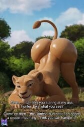 2026 3d 3d_(artwork) 3d_render ai_assisted all_fours anthro arched_back ass_up athletic_female bent_over big_ass bubble_butt cat_tail curvy dialogue disney face_down_ass_up felid feline female feral from_behind furry glossy high_quality lewdstein lion lioness looking_at_viewer mammal nala nala_(the_lion_king) narrow_waist oiled on_all_fours paws presenting presenting_hindquarters raised_tail realistic seductive_look solo tail tail_tuft tan_fur text thighs toned_female tuft voluptuous wide_hips