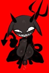 2026 2_horns 4chan_anon balls black_horn bodily_fluids colored_cum crouching cum demon genital_fluids genitals guide_lines hi_res holding_object holding_pitchfork holding_tail holding_tool horn hot_poker_(mewgenics) humanoid male nude penis pitchfork red_background red_cum sharp_teeth simple_background smile solo spade_tail tail teeth tools unusual_bodily_fluids unusual_cum unusual_genital_fluids