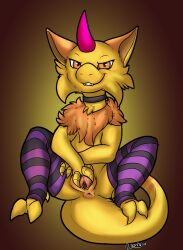 2025 abra anus bent_legs choker clothing digital_drawing_(artwork) digital_media_(artwork) draconix fan_character female feral fur generation_1_pokemon genitals grin grinning_at_viewer hi_res horn jewelry legwear looking_at_viewer necklace nintendo pattern_clothing pattern_legwear pattern_thigh_highs pink_anus pink_vulva pokemon pokemon_(species) priscilla_(donut) purple_clothing purple_legwear purple_thigh_highs simple_background smile smiling_at_viewer solo spread_legs spread_vulva spreading striped_clothing striped_legwear striped_thigh_highs stripes tail thigh_highs vulva yellow_background yellow_body yellow_fur