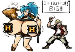 big_breasts breast_expansion breasts chicken cyan_hair female gun huge_breasts king_of_fighters large_breasts leona_heidern male marco_rossi matsu-sensei matsu_sensei metal_slug source_request thumbs_up