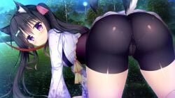 1boy 1boy1girl 1girl all_fours animal_ears animal_tail ass azuki_(wanko_no_yomeiri_~youkoso!_inu_no_shippo_e~) bent_over black_hair breasts clothed clothes_lift dog_ears dog_girl dog_tail from_behind game_cg hair_ornament hair_ribbon inumimi kemonomimi kimono kneeling large_breasts leash leashed long_hair looking_back night outdoors safety_shorts spats tied_hair twintails wanko_no_yomeiri_~youkoso!_inu_no_shippo_e~ watagashi_yui
