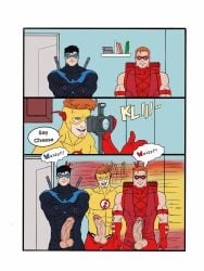 batman_(series) dc dc_comics dialogue dick_grayson dildo erection green_arrow_(series) kid_flash male_only nightwing pants_down photography prank red_arrow roy_harper speech_bubble taking_photo teen_titans the_flash_(series) wally_west