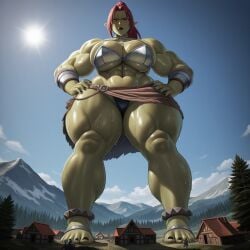 ai_generated barefoot brown_eyes brown_hair full_body giantess green_skin hands_on_hips low-angle_view muscular ogress orc_female pixai red_eyes red_hair village yellow_sclera