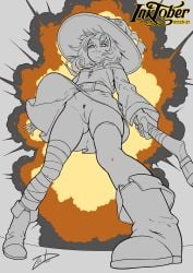 1girl absurdres ass_visible_through_thighs bandaged_leg bandages belt belt_buckle boots buckle censored choppy_bangs closed_mouth commentary dated dress english_commentary explosion female_pubic_hair flat_chest from_below hat highres holding holding_staff inktober kono_subarashii_sekai_ni_shukufuku_wo! long_sleeves megumin mosaic_censoring no_panties off-shoulder_dress off_shoulder partially_colored pubic_hair pussy signature sparse_pubic_hair staff upskirt witch_hat zoobastik