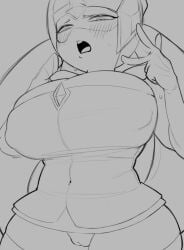1girls alternate_breast_size blush brawl_stars breasts cleft_of_venus clothed clothed_female covered_navel covered_nipples cowboy_shot curvy embarrassed female female_only greyscale gryazyuka88 half-closed_eyes headwear_request huge_breasts lineart long_hair looking_at_viewer looking_down microdress no_panties open_mouth pussy sketch solo starr_nova_(brawl_stars) stockings sweat thighhighs twitter_link upper_teeth url v w