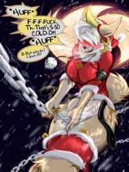 3:4 anthro blush bottomwear breasts buckteeth canid canine chains clothed clothing cold costume english_text fangs female fox freezing frist44 hair_over_eyes hi_res hoodie mammal masturbation profanity santa_costume shaking shivering skirt skirt_down solo teeth text topwear zenobia