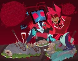 alastor_(hazbin_hotel) animal_humanoid anthro aquatic bileshroom blood bodily_fluids cannibalism cervine character_prepared_as_food chopsticks clothed clothing crying deer deer_humanoid demon demon_humanoid digital_media_(artwork) duo eel electronics english_text ethan_(hazbin_hotel) fish food food_fetish food_play for_a_head gore group hair hard_vore hazbin_hotel hellaverse hi_res humanoid machine male male/male mammal mammal_humanoid object_head open_mouth robot satyr scared screen screen_face screen_head simple_background smile sushi tail tears teeth television text trio tv_head vore vox_(hazbin_hotel)