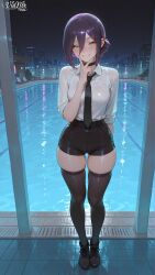 1girls female female_only female_focus solo solo_focus solo_female clothing clothed clothed_female standing pool poolside night night_sky reze_(chainsaw_man) chainsaw_man bomb_devil bomb_devil_(chainsaw_man) purple_hair green_eyes white_shirt shorts vianox ai_generated ai_assisted ai ai_art ai-created hi_res highres high_resolution high_quality 2d wet wet_body wet_skin wet_clothes wet_clothing wet_hair shiny_skin shiny shiny_hair shiny_clothes shiny_breasts shiny_body stockings thick_thighs thighs thighhighs thick thick_legs thick_hips water cameltoe skindentation light_skin light-skinned_female human humanoid human_only smile blush blushing nose_blush necktie tie choker translucent translucent_clothing tight_clothing tight_clothes v_over_mouth v_sign