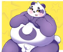 2020 alp_(tokyo_afterschool_summoners) anthro balls belly blush fur genitals giant_panda hi_res kemono kusosensei male male_only mammal navel overweight overweight_anthro overweight_male penis purple_body purple_fur small_penis solo tokyo_afterschool_summoners ursid video_games white_body white_fur