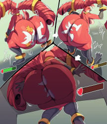 2026 2d_(artwork) ambiguous_gender anklet anthro ass_clapping avian big_butt bird bracelet breasts butt dancing dominant dominant_female drill_curls duo feathers female female/ambiguous flattened gameplay_mechanics gui hair health_bar hi_res huge_butt hyper hyper_butt jewelry red_body red_feathers red_hair short_tail sitting smothering tail trinity-fate62 twerking