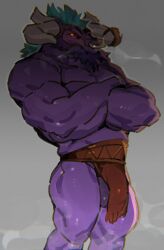 alistar_(lol) anthro balls barazoku barely_visible_balls barely_visible_genitalia beard biceps blue_hair bottomwear bovid bovine bulge clothed clothing crossed_arms european_mythology facial_hair facial_piercing frown genitals glistening glistening_body gradient_background greek_mythology hair hi_res horn ineffective_clothing league_of_legends loincloth male mammal minotaur mmaj7 muscular muscular_anthro muscular_male mythology nose_piercing nose_ring penis piercing red_eyes ring_piercing riot_games scowl side_view simple_background solo standing steam tencent topless