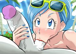 1boy 1girls alien alien_penis ball_sucking blue_hair bulma_briefs darm_engine dragon_ball dragon_ball_super edit eyewear_on_head fellatio female frieza male milf oral penis sucking_balls sucking_testicles sunglasses_on_head testicles unseen_male_face