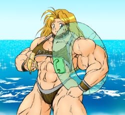 2girls abs banana biceps breasts eri_kasamoto female innertube metal_slug muscles muscular muscular_arms muscular_female muscular_legs muscular_thighs pecs source_request